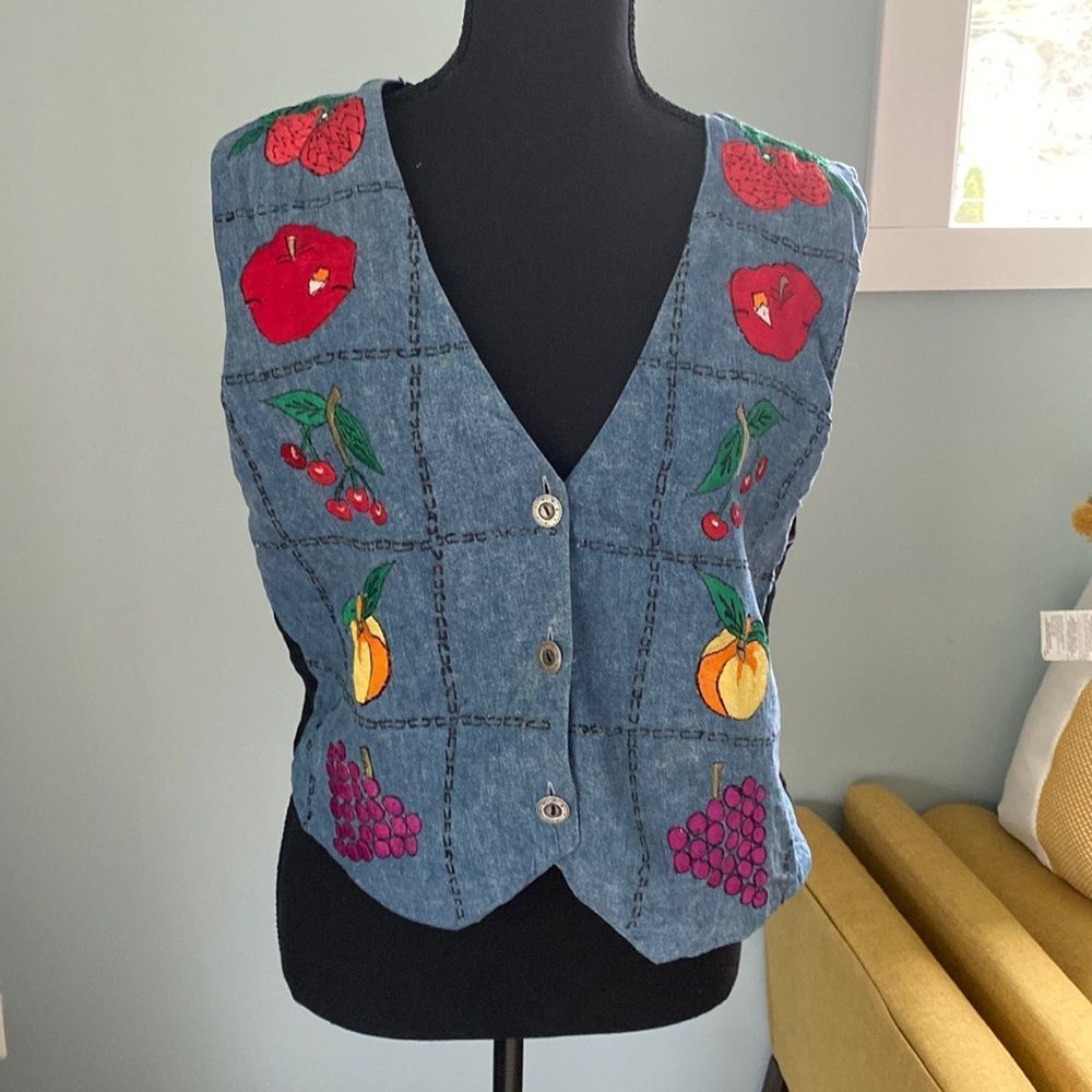 Agapo Vintage  Fall Denim Vest Grapes Cherries Embroidered P/L
